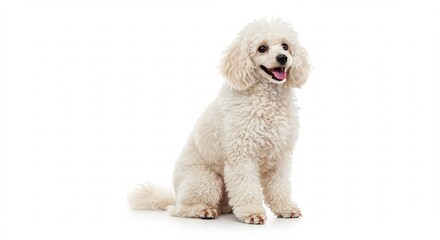 Adorable caniche blanco peludo sentado con sonrisa tierna bajo luz de estudio brillante sobre fondo puro minimalista