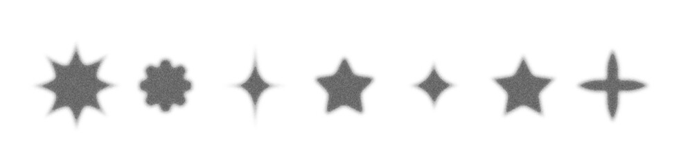 Abstract star shapes with photocopy grain texture. Vintage halftone sparkle effect in minimal style. Isolated vector icons for poster, decoration, pattern, and modern graphic design