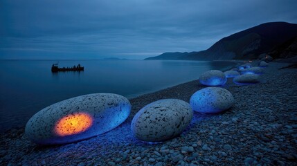 Illuminated stones on beach at dusk
