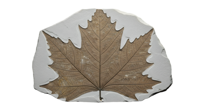 Fossil of a maple leaf isolated on transparent background, showcasing the intricate details and patterns preserved in stone over millions of years