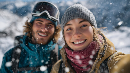Close-up of couple with backpacks in snowy mountains, bright sunlight highlighting rosy cheeks, snow sparkling around, joyful winter exploration mood