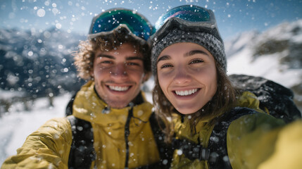 Close-up of joyful couple in snowy mountains, winter gear and backpacks visible, bright sunlight casting crisp shadows, sparkling snow and alpine scenery enhancing cheerful explora