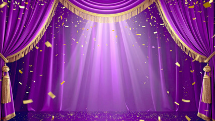Luxurious purple velvet stage curtain shimmering under spotlight with falling confetti symbolizing victory celebration and transformation 
