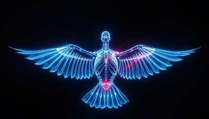 Striking neon bird skeleton with glowing wings, a modern and futuristic design element, perfect for technology, medical, or abstract concepts