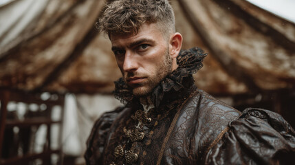 Serious young man in dramatic historical pirate costume