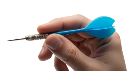 Close up of a hand holding a blue dart ready for a throw isolated on white background