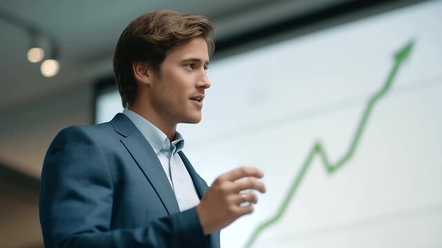 young analyst presenting startup growth trajectory to investors with green arrow on screen persuasive pitch faint murmur projector hum three quarter wide angle cinematic color cor