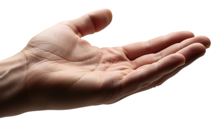 A human hand cupped open and reaching out in a gesture of offering or receiving isolated on white background
