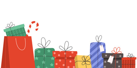 Christmas and New Year background with gifts and empty space for text for banners and website