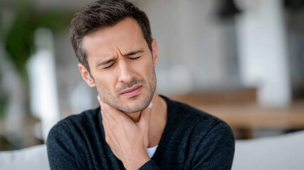 Obraz premium Man with hand resting on painful throat, slight redness in skin, subtle furrowed brow, conveying irritation and discomfort, neutral blurred background