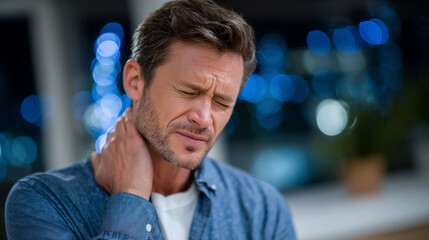 Obraz premium Pained man pressing neck gently, close-up on facial expression showing discomfort and strain, subtle lighting accentuating throat area, symptom of laryngitis or cold