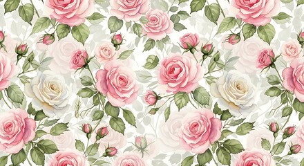 Pink and White Rose Floral Pattern on Light Background for Wallpaper Fabric or Decor