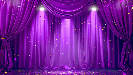 Luxurious purple velvet stage curtain shimmering under spotlight with falling confetti symbolizing victory celebration and transformation 
