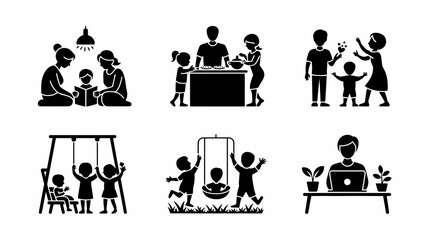 Diverse family activities vector icons set scalable illustration for versatile graphic design applications silhouette white background