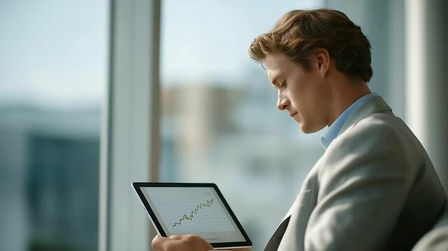 young entrepreneur with MBA certificate reviewing investment proposal on tablet green arrow overlay gentle notification chime optimism three quarter wide angle cinematic color cor