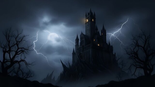 Dark gothic castle illuminated by dramatic lightning strikes during a spooky stormy night