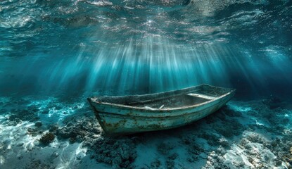 Fototapeta premium Submerged rowboat on seabed, sunbeams piercing the water. Turquoise and blue hues