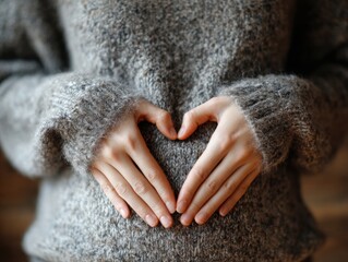 Woman in grey sweater makes heart shape with her hands over her belly, symbolizing love and affection towards the unborn child
