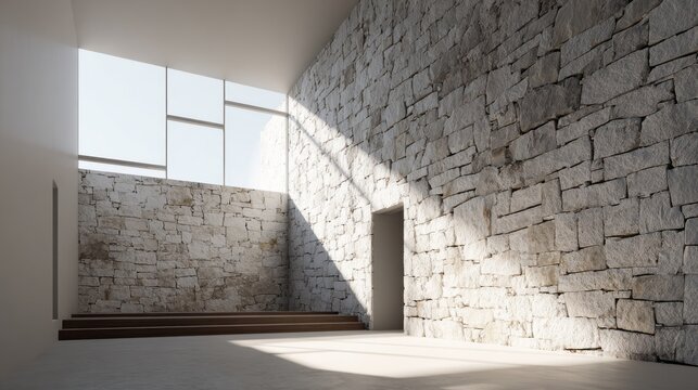 Modern Minimalist Interior with Stone Masonry Walls, Skylight Windows and Sunlight Shadows. AI generative