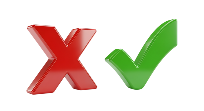Red x and green check mark symbols representing wrong and right choices isolated on white background