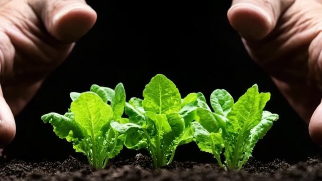 Hands nurturing young plants in dark soil setting