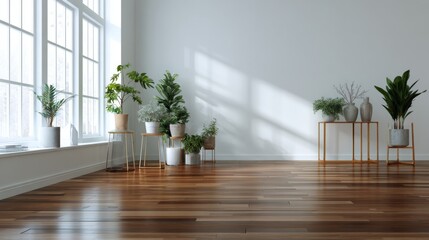 Interior space features various potted plants on stands near a large window and plain wall