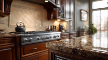 Interior view of a kitchen with brown cabinetry granite countertops and stainless steel appliances