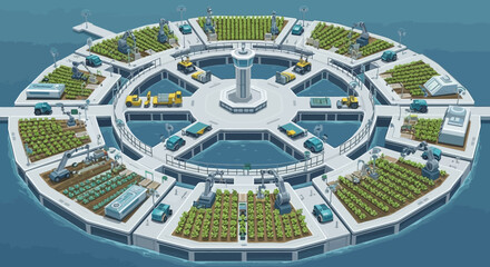 Obraz premium Circular Floating City with Agriculture and Transportation.