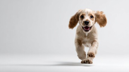 Smiling Cocker Spaniel puppy running towards the camera on a white studio background