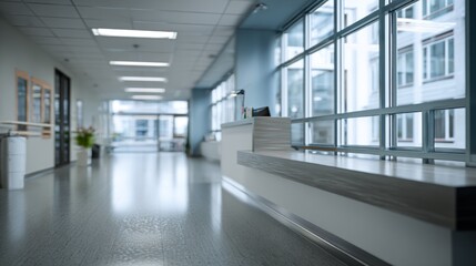 Modern hospital hallway with reception desk and large windows providing natural light