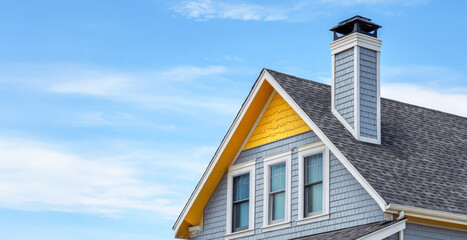 Modern house exterior with gable roof, chimney and bright yellow accents under clear blue sky, showcasing architectural detail, siding texture and clean lines.