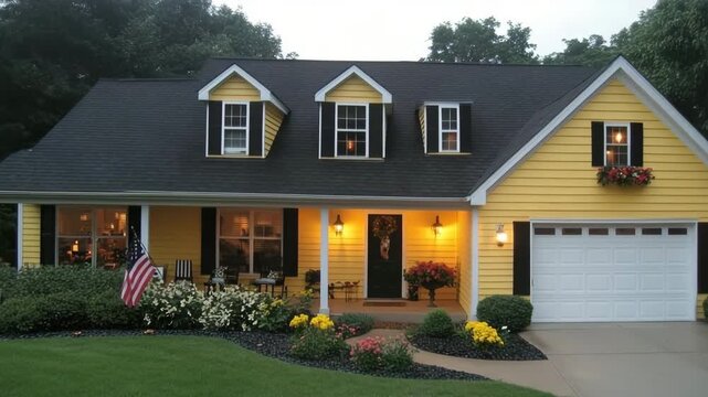 Beautiful yellow house with slow pan and zoom details
