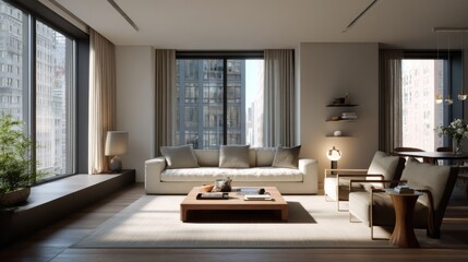 Modern living room with a beige sofa city views through the window and two lounge chairs