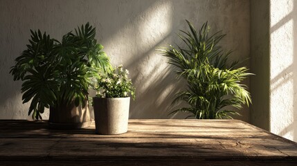 Indoor plants sunlight wooden table