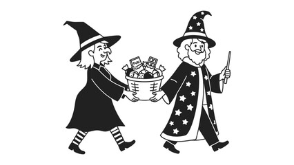 Magician and Witch collaboration: A classic illustration showing a wise magician and a playful witch, sharing a basket of magical gifts, their faces filled with glee.