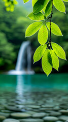 Experience the serene beauty of nature with vibrant green leaves, a gentle waterfall, and tranquil water reflections perfect for mindfulness and calming visuals