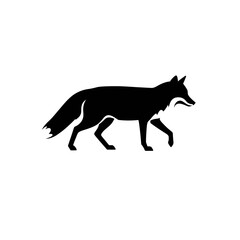 Silhouette of a fox walking, depicted in a simple, minimalist style in solid black against white backdrop. Concept for logo design, brand mascot and wildlife conservation symbol