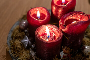 christmas candles on red background