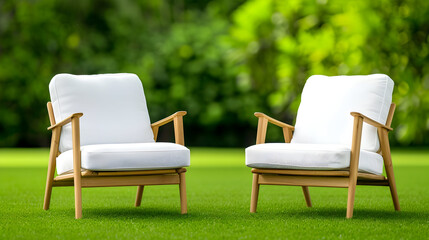Stylish outdoor seating for relaxing in the sun, modern patio chairs on green lawn offer a tranquil setting for summer afternoons and peaceful conversations