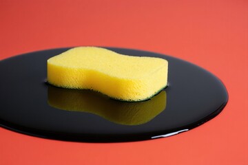 Sponge on dark liquid surface with red background studio shot