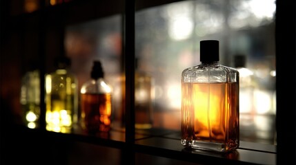 Medium shot showcasing ambient lighting creating a warm inviting glow around a display shelf gently highlighting the featured products against a subtle blurred backdrop.