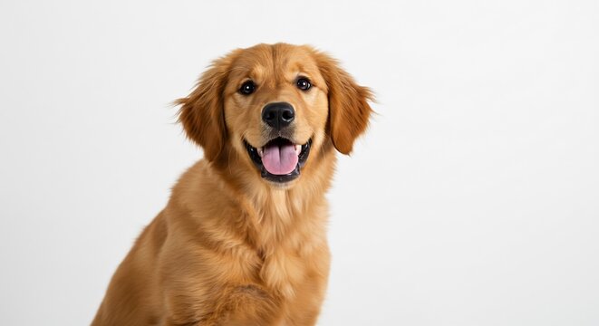 Cachorro golden retriever feliz posa con pelaje brillante bajo luz suave sobre fondo blanco puro