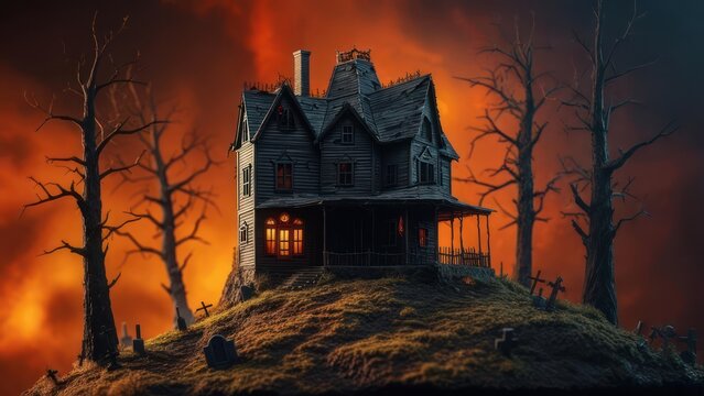 Sinister Gothic Mansion on a Hilltop Graveyard Under a Fiery Sky