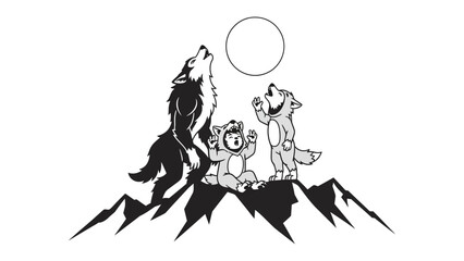 Three Wolves Howling at the Moon: A graphic image depicting three wolves on a mountain silhouette howling at a full moon, against a minimalist background.