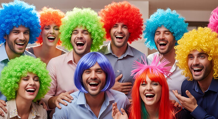 A vibrant and joyful group of friends donned colorful wigs, captured in a bright and colorful setting and are laughing and celebrating together.