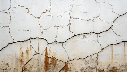 Obraz premium An old white wall shows significant damage with many deep cracks spreading across its rough textured surface and weathered brown stains.