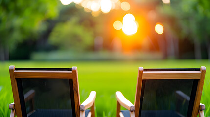 Serene escape to a tranquil garden oasis with comfortable chairs beckoning for relaxation and peaceful contemplation under the warm, inviting sunlight