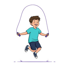 Obraz premium Happy boy in teal t-shirt joyfully jumping rope with focused eyes, captured in a full shot view, concept for fitness promotion, healthy lifestyle campaign and children's activity poster