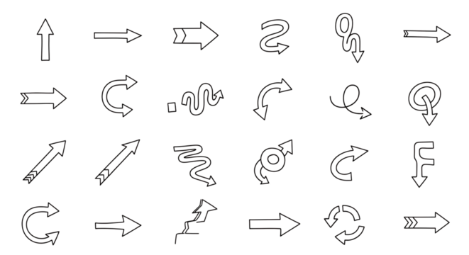 Collection of various arrow shapes and pointers in different styles isolated on white background