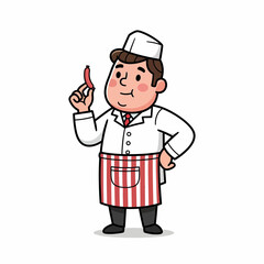 Cartoon Butcher Holding a Sausage with Red Tie and Striped Apron.